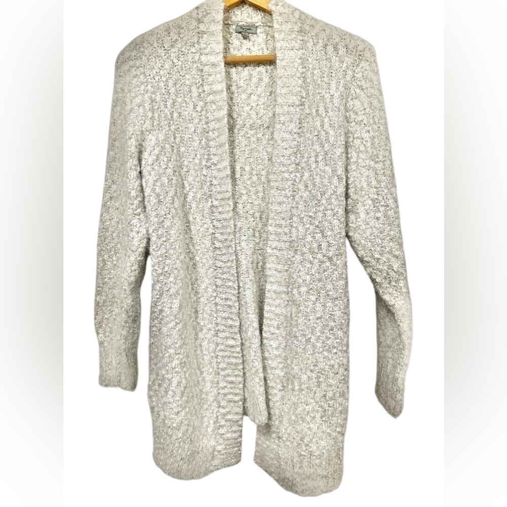 Sympli Cardigan Sweater Fuzzy White & Gray Longer Length Soft Cottagecore Large